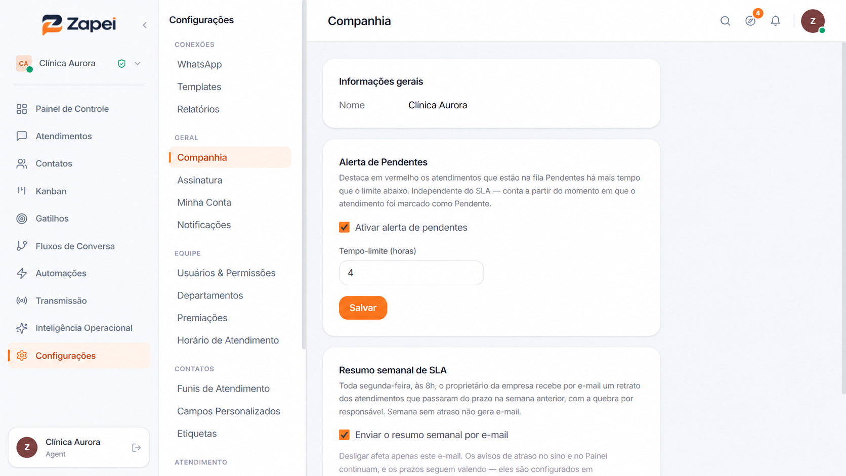 Configurações da Companhia com alerta de pendentes