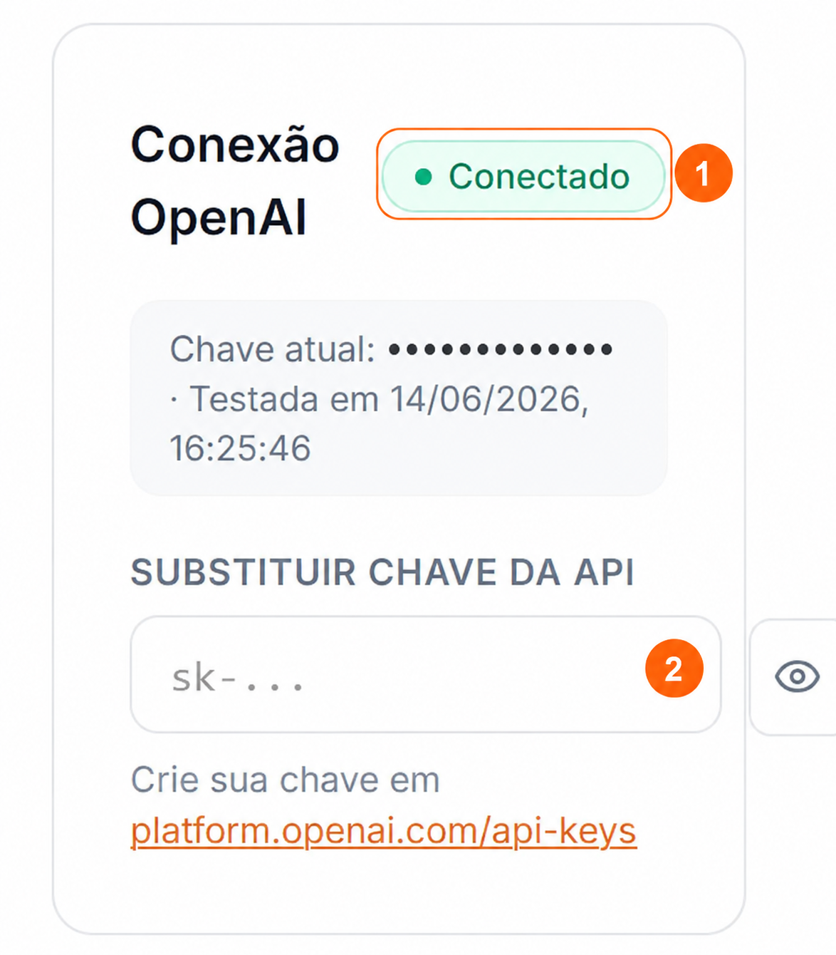 Cartão Conexão OpenAI com o estado da conexão e o campo para substituir a chave numerados