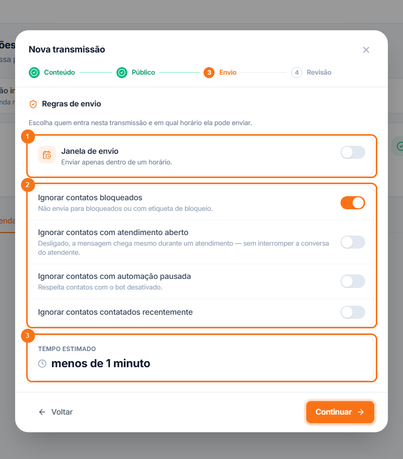 Etapa Envio com a Janela de envio, quatro proteções e o Tempo estimado