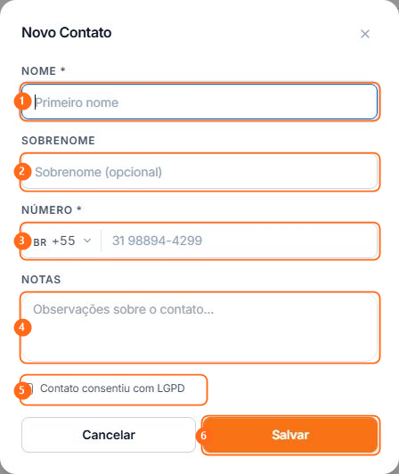 Formulário Novo Contato com os campos e o botão Salvar numerados