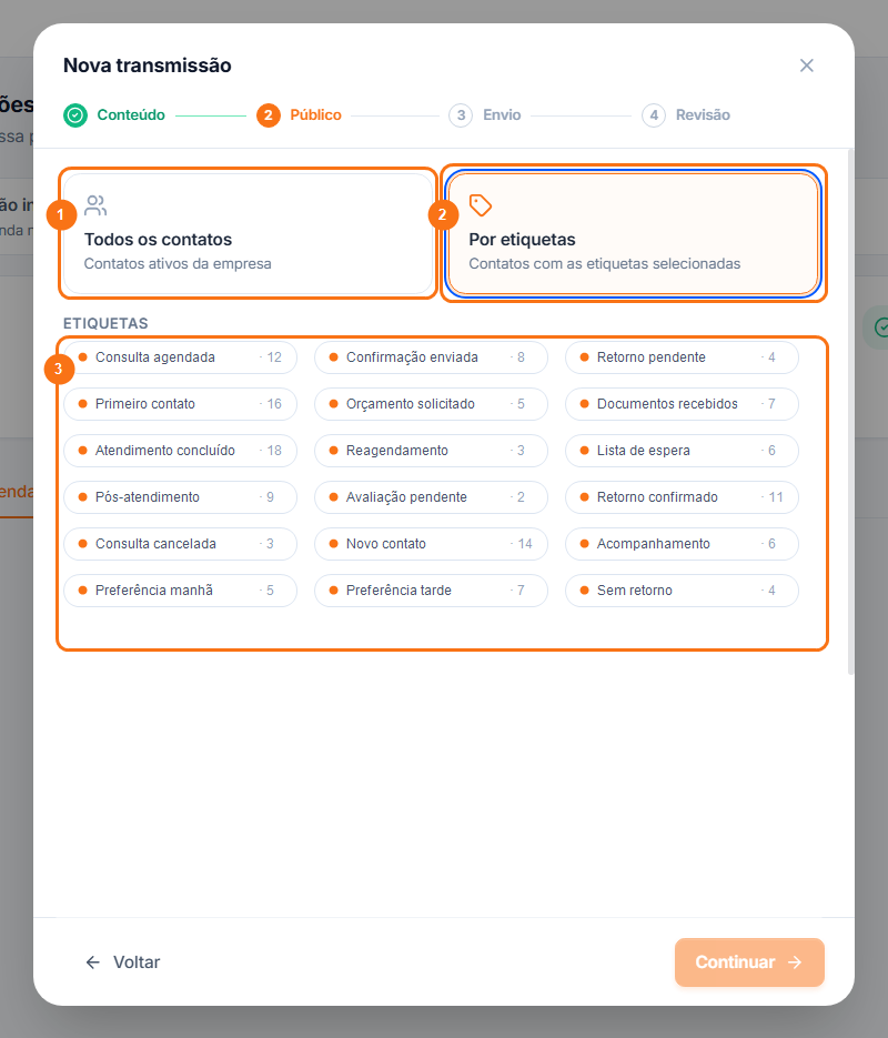 Etapa Público com as opções Todos os contatos e Por etiquetas e a lista de etiquetas