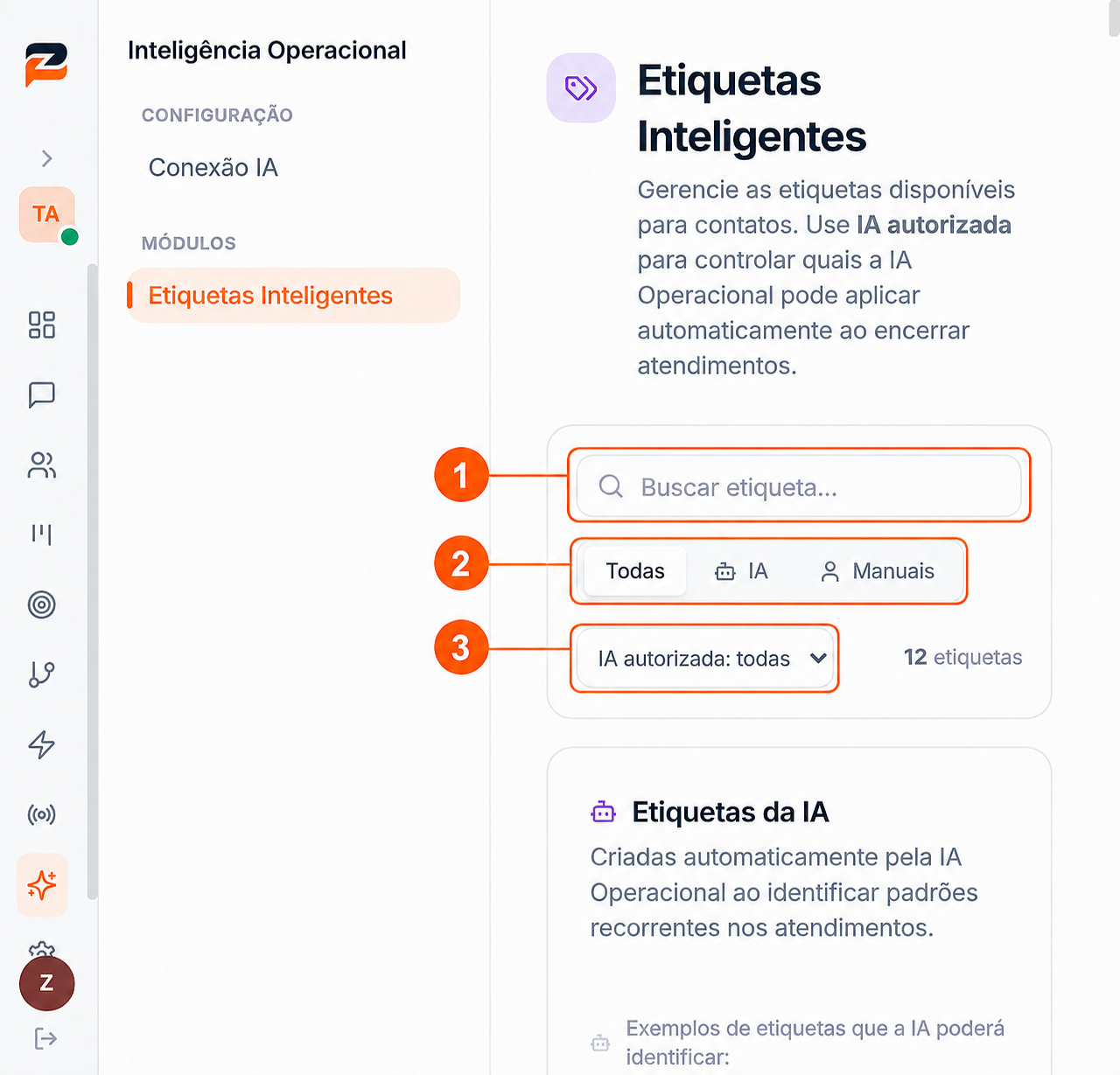 Barra de controles da tela Etiquetas Inteligentes com busca e filtros numerados