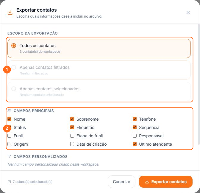 Escopo da exportação e campos principais numerados
