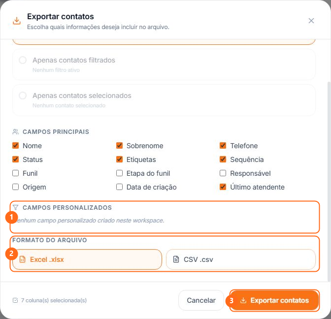 Campos personalizados, formato do arquivo e botão Exportar contatos numerados