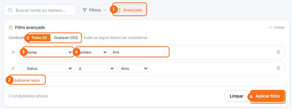 Filtro avançado com duas regras combinadas e controles numerados