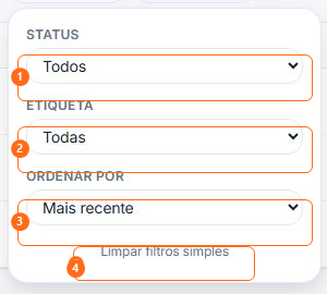 Filtros rápidos de status, etiqueta e ordenação numerados