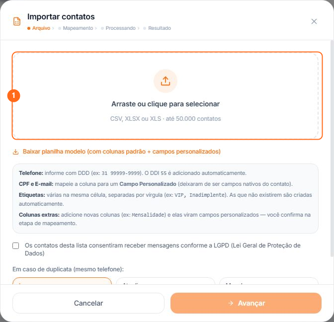 Área para selecionar a planilha de contatos
