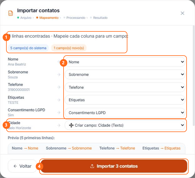 Etapa Mapeamento com destinos das colunas, campo novo e botão Importar contatos numerados