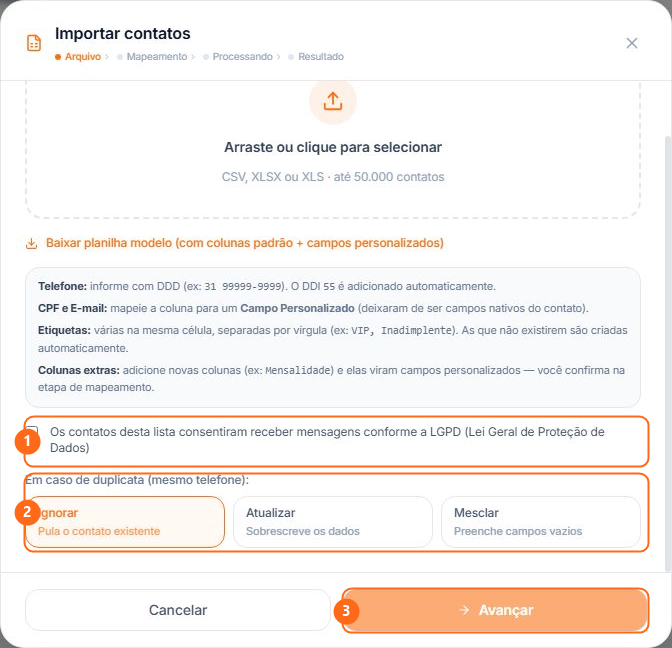Consentimento LGPD, tratamento de duplicatas e botão Avançar numerados