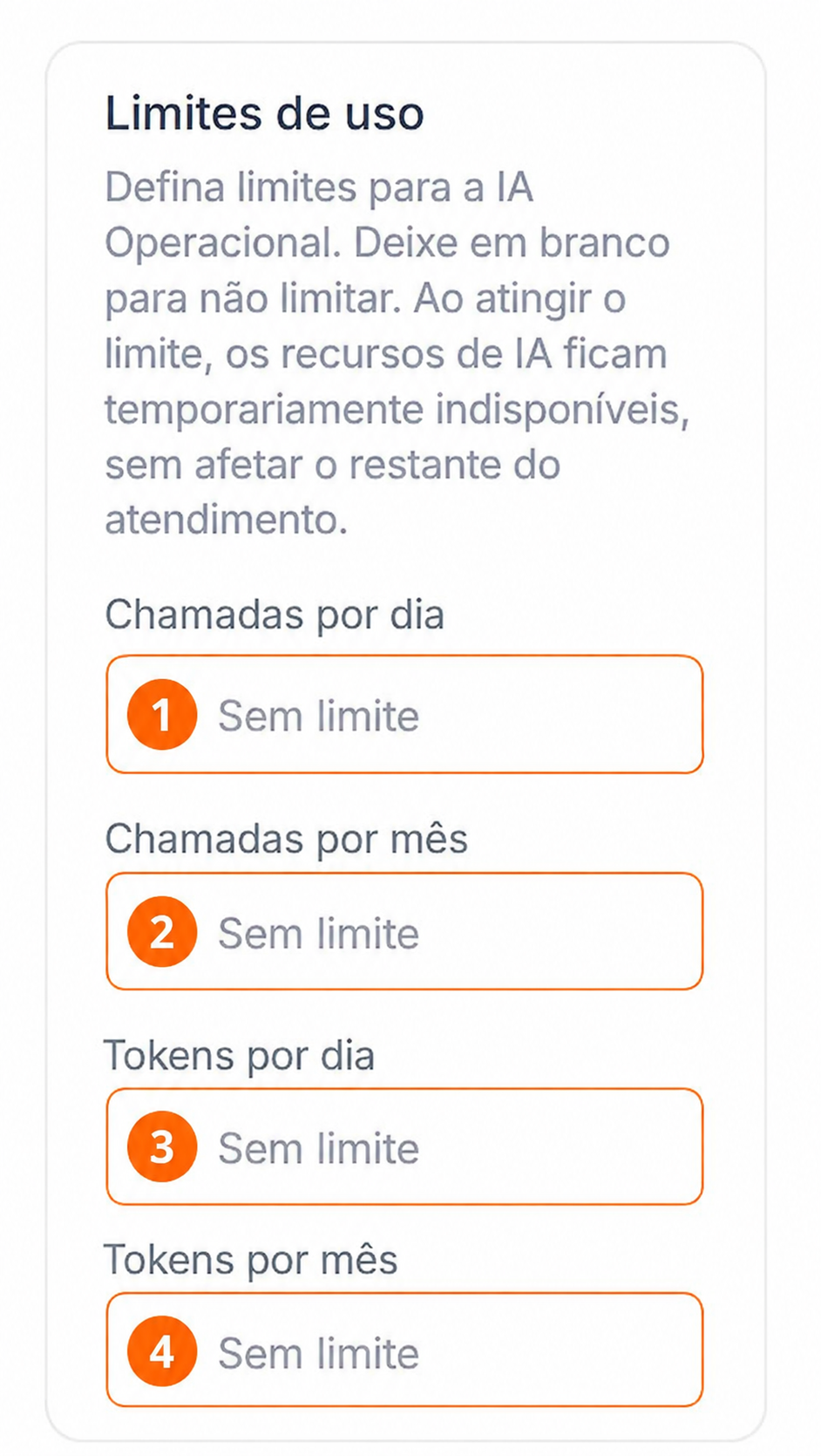 Campos da seção Limites de uso numerados