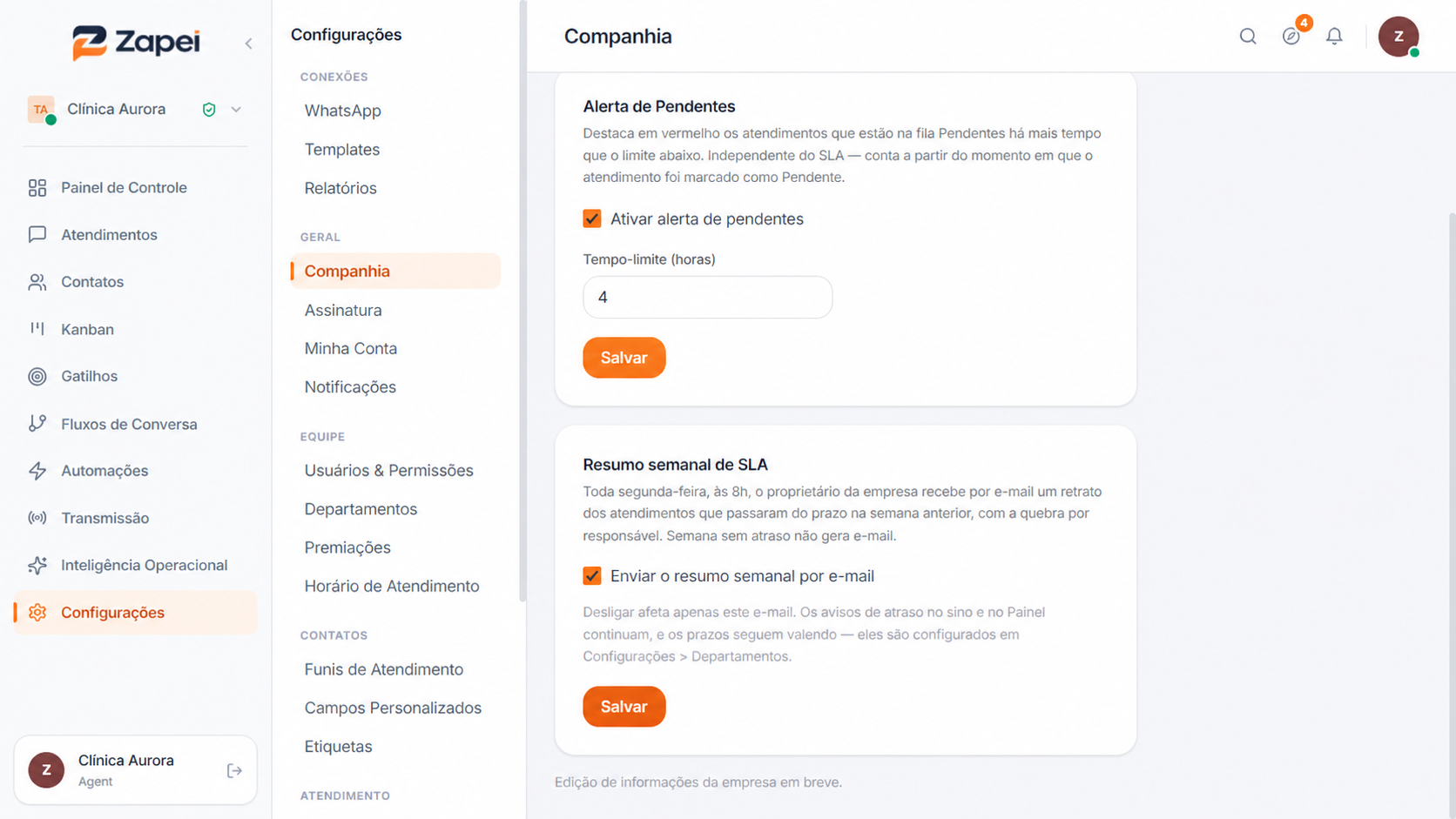 Configuração do resumo semanal de SLA