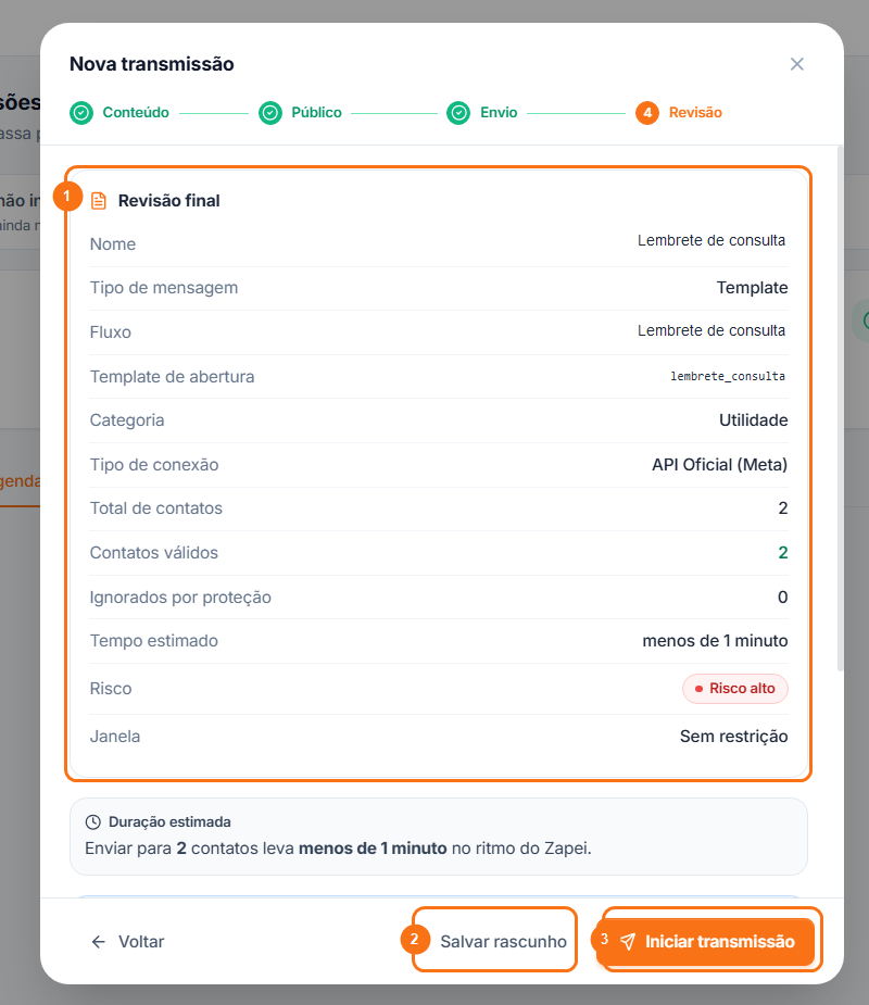 Etapa Revisão com o resumo da transmissão e os botões Salvar rascunho e Iniciar transmissão