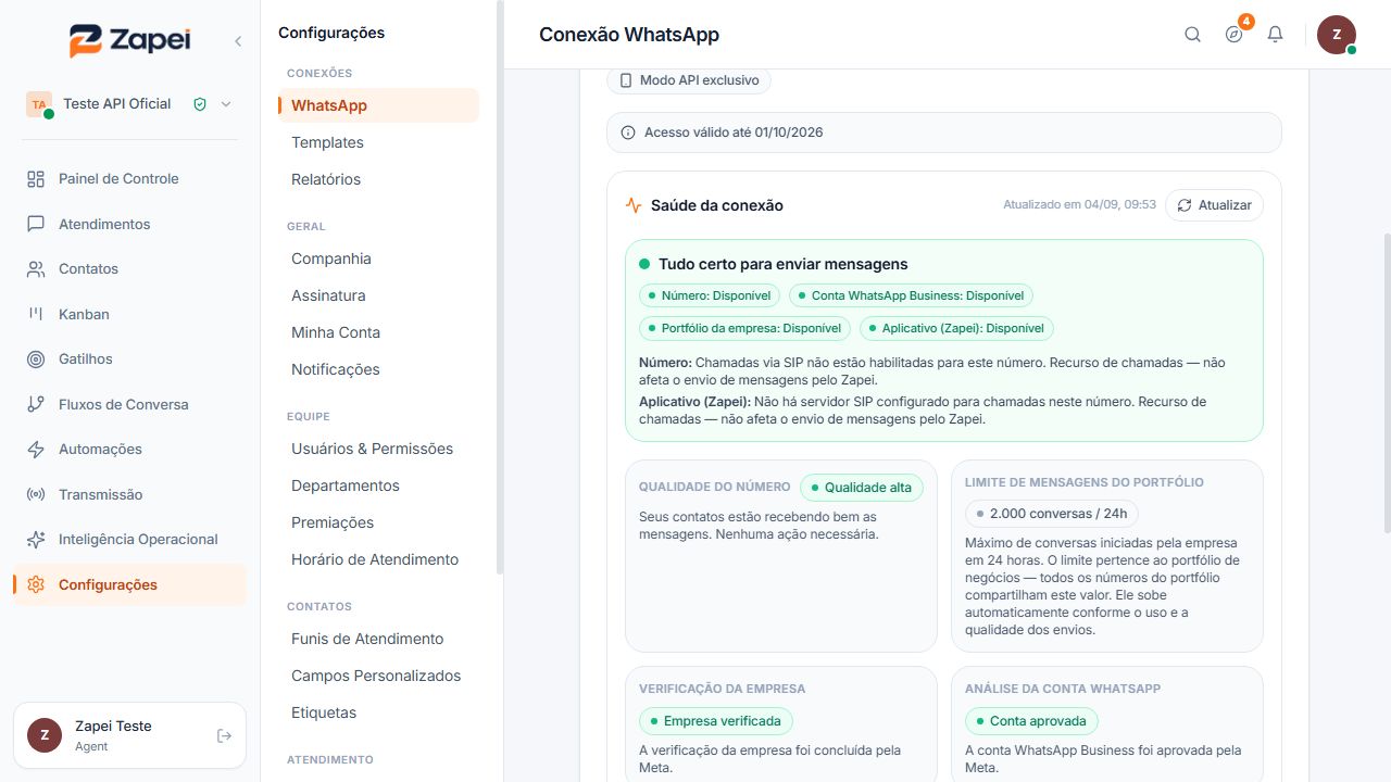 Área Saúde da conexão com os indicadores de disponibilidade, qualidade e limite de mensagens