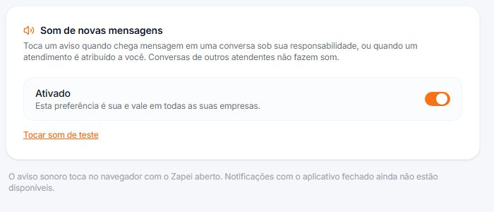 Seção Som de novas mensagens com o interruptor e o botão de teste