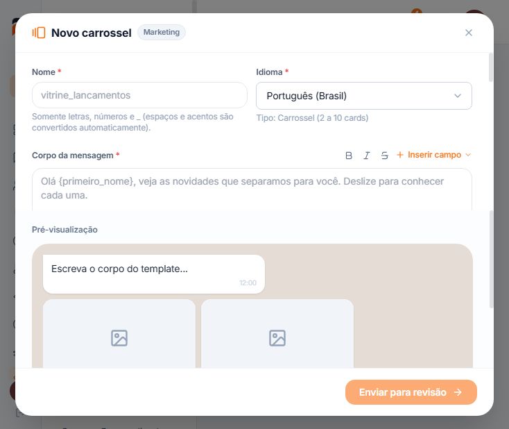 Formulário de configuração do Template em Carrossel