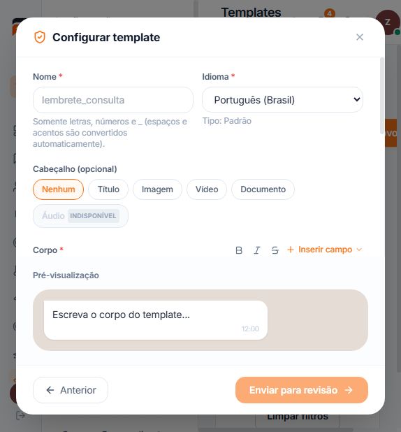 Formulário de configuração do Template padrão