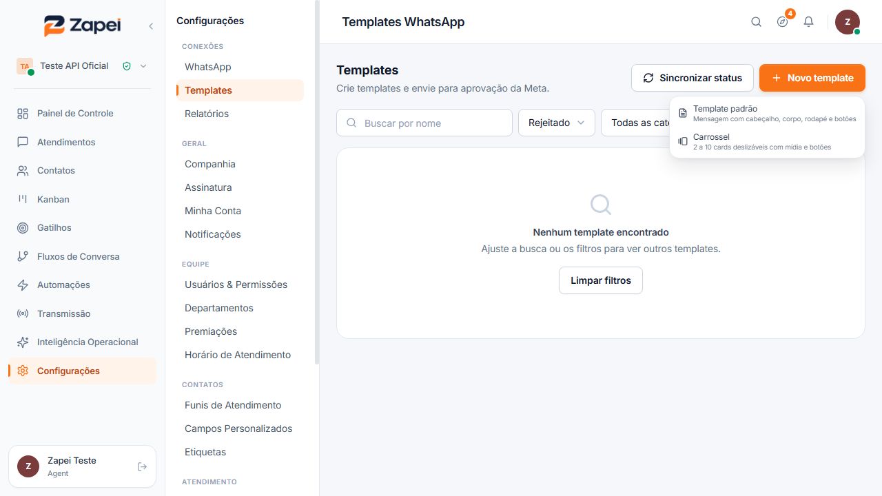 Menu Novo template com as opções Template padrão e Carrossel