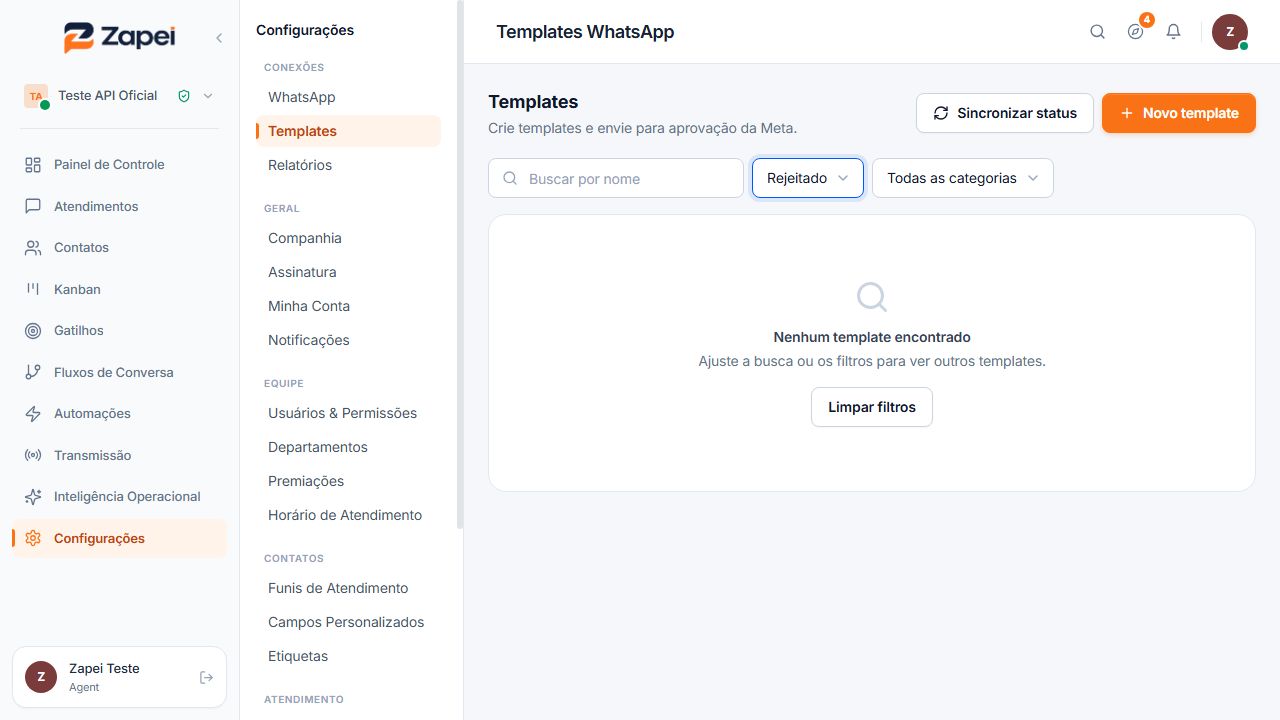 Tela Templates com busca, filtros e ações
