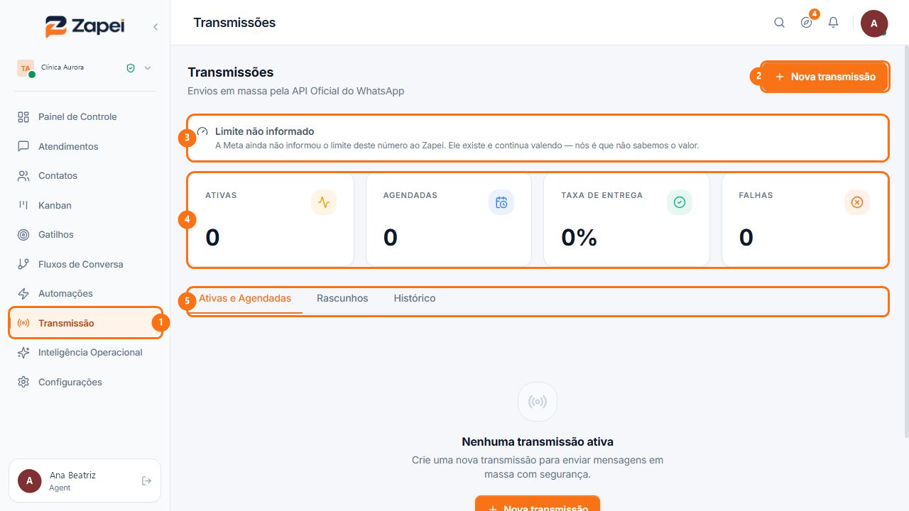 Visão geral com o menu Transmissão, o botão Nova transmissão, o aviso de limite, quatro indicadores e três abas