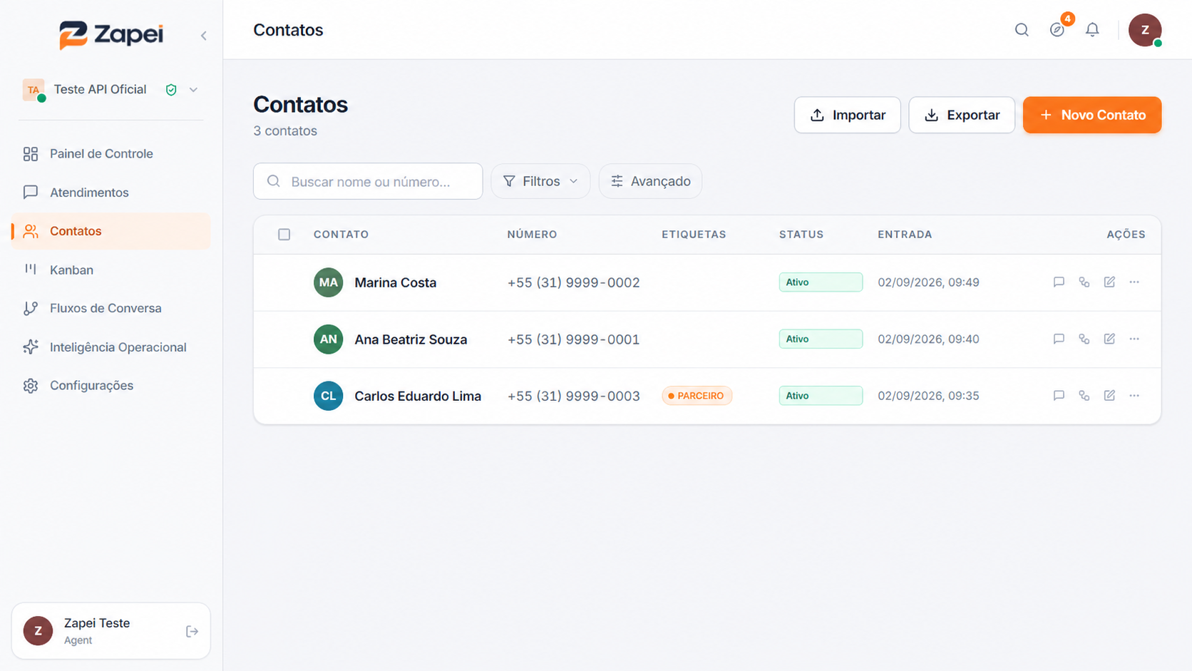 Tela de Contatos com busca, filtros, ações e dados fictícios
